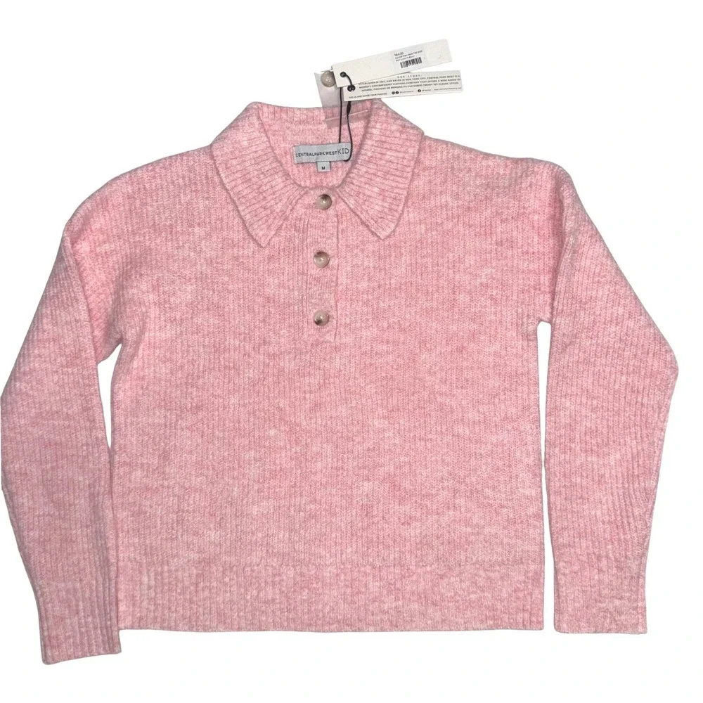 Central Park West Girls Pink Lottie Pullover Fuzzy Knit Polo Sweater Size M NEW